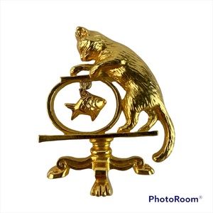 Vintage Avon Gold Brooch Cat Dangling Fish Fishbowl Pin Cat Lady
